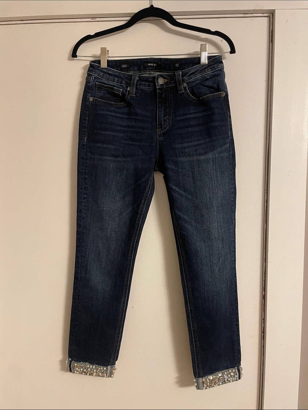Miss Me Dark Blue Cropped Jeans with Embellished Cuffs